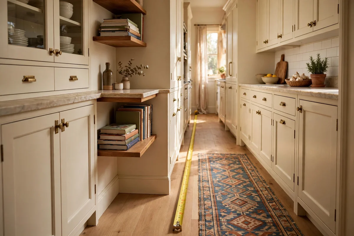 Tape measure along a galley kitchen walkway beside a patterned runner rug