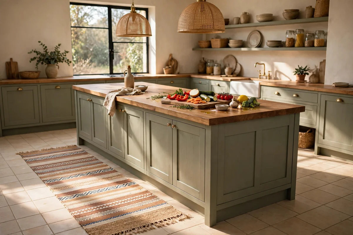 Runner rug along the prep side of a kitchen island in warm light