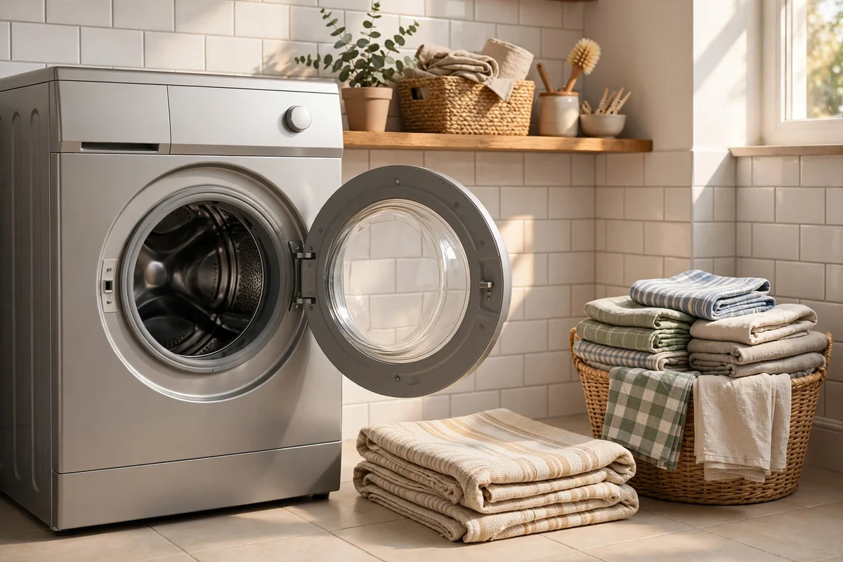 Folded washable cotton runner rug beside an open washing machine