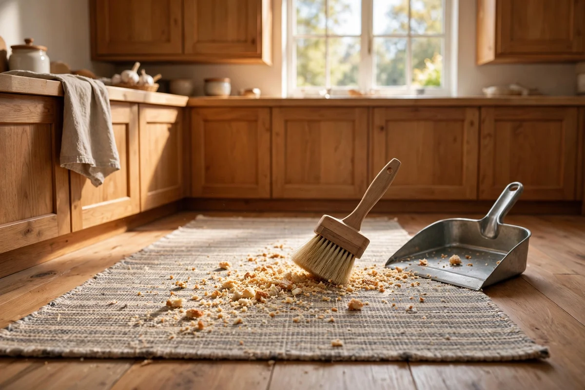 Brush sweeping crumbs from a low-pile flatweave kitchen runner