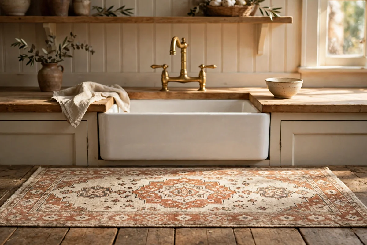 Vintage-look runner with faded medallion pattern in front of a kitchen sink