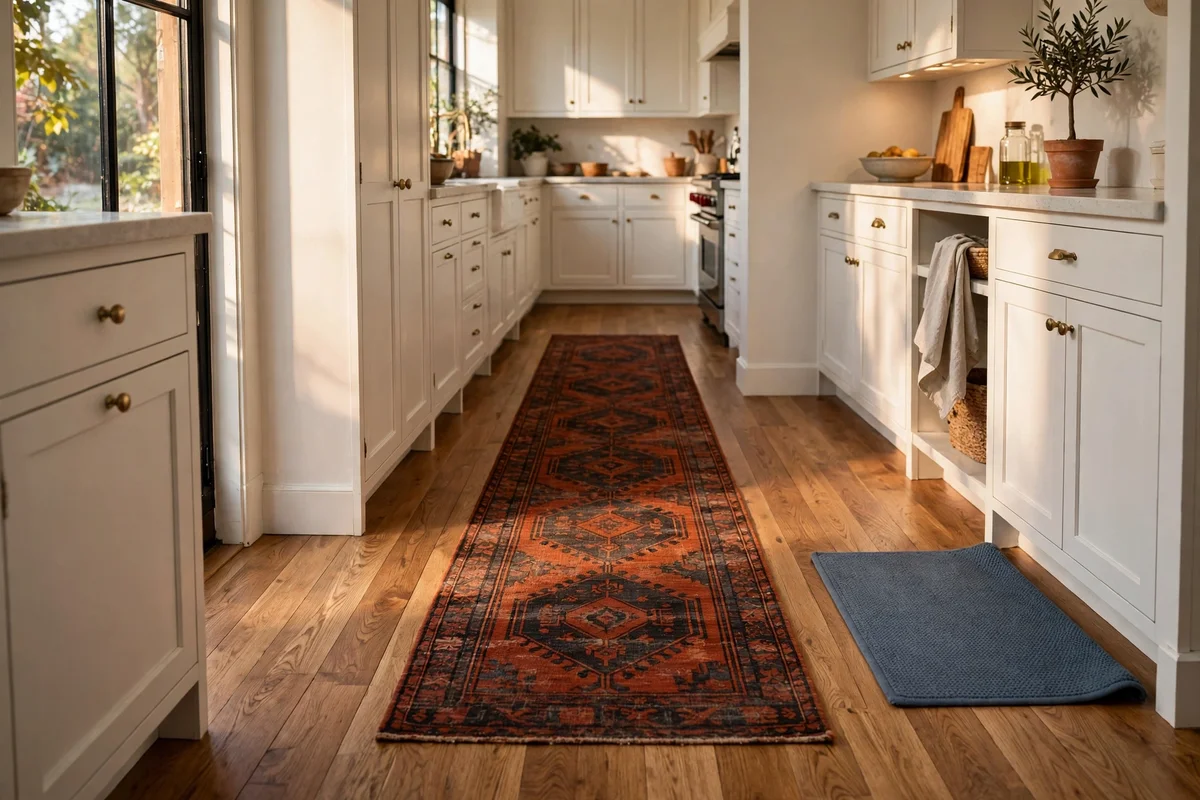 Dark-toned runner rugs in rust and charcoal hiding crumbs in a kitchen