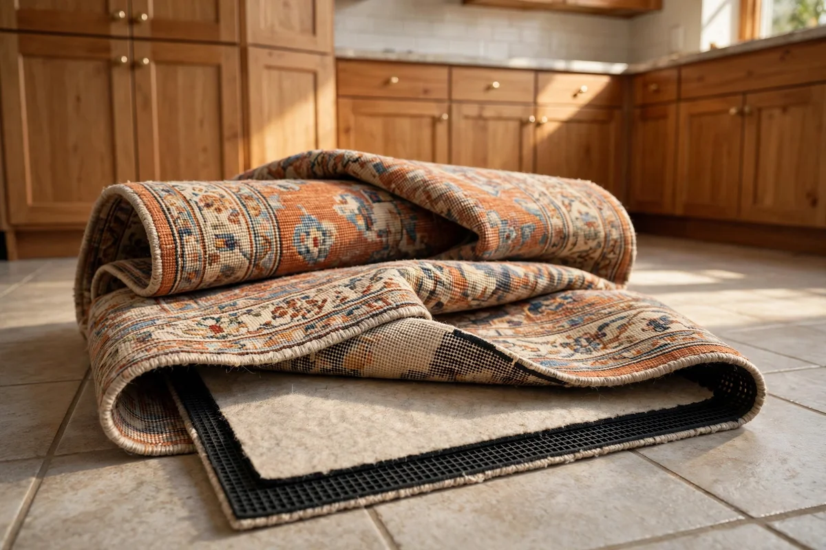 Rug pad revealed beneath a lifted kitchen runner on tiles