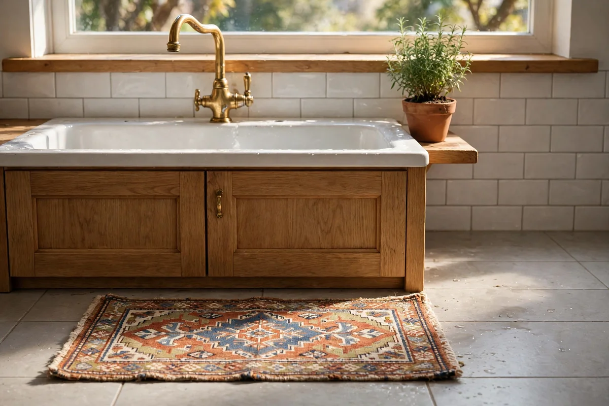 Small rug positioned in front of a kitchen sink