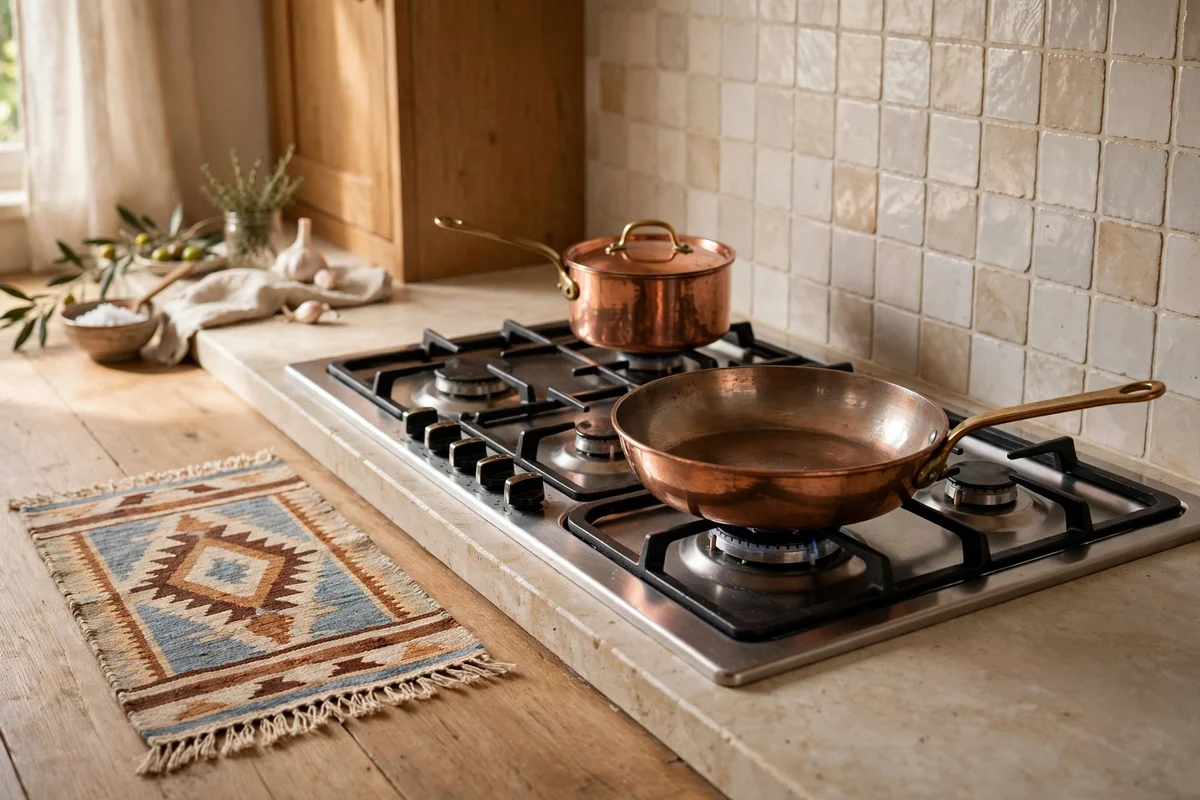 Flatweave runner placed safely beside a kitchen hob
