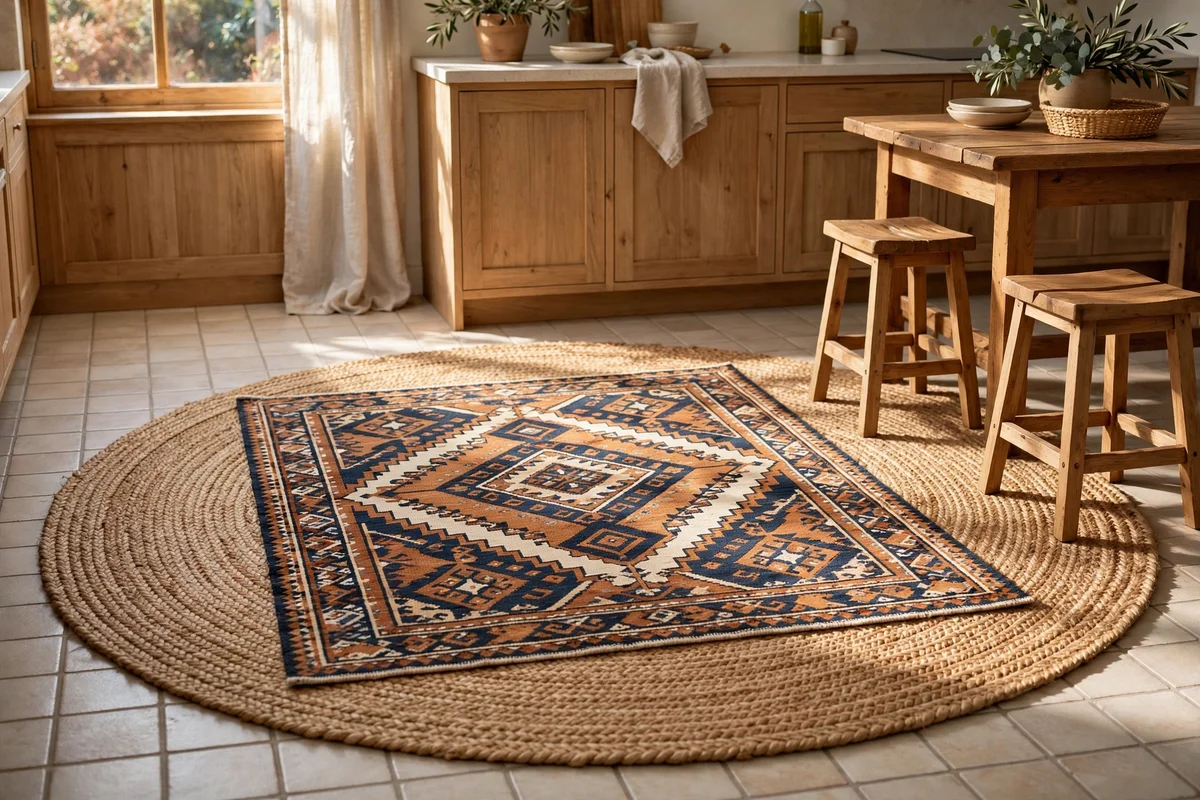 Patterned flatweave layered over a larger jute rug in a kitchen