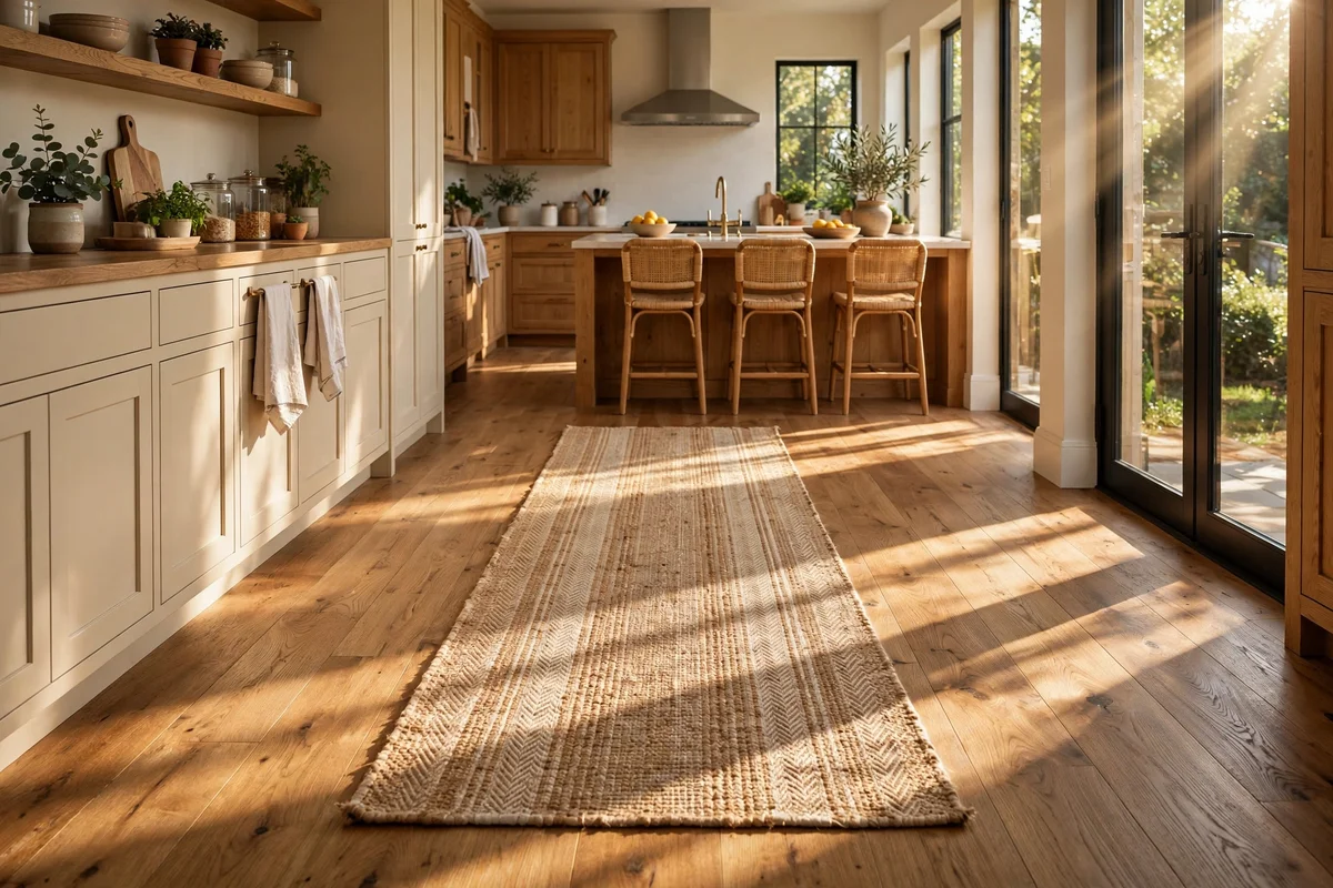 Runner rug protecting an oak wood kitchen floor