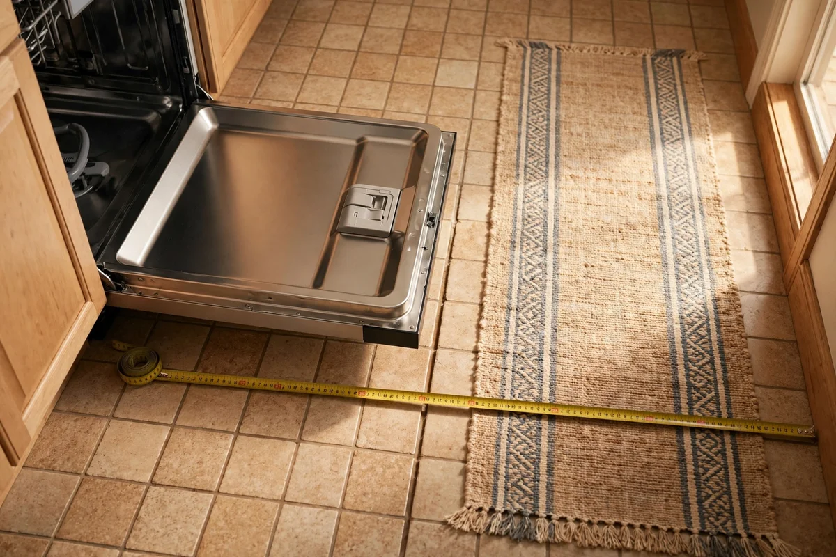 Runner rug sized clear of an open dishwasher door