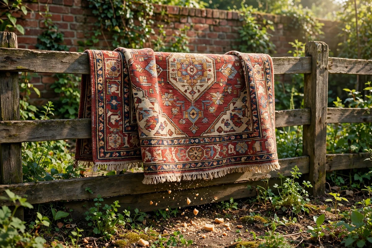 Runner rug aired and shaken over a sunny garden fence