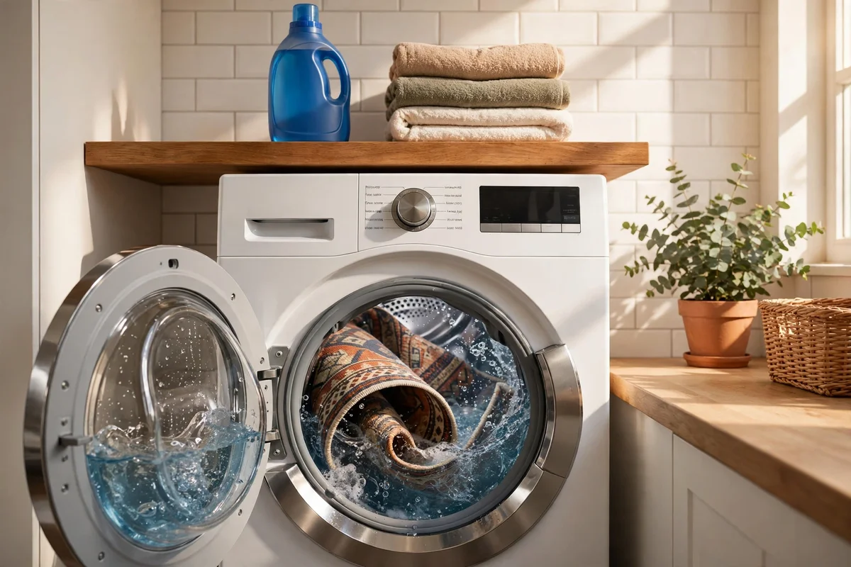 Kitchen runner rug inside a washing machine on a cool cycle