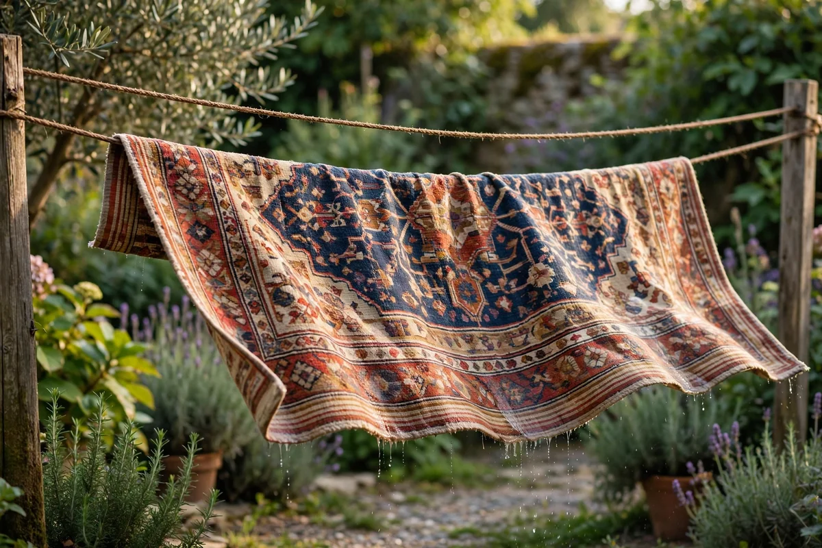 Washed runner rug drying evenly over two outdoor lines