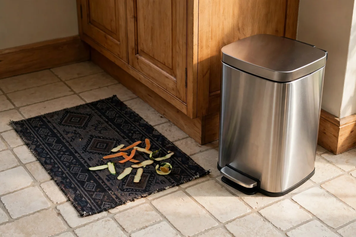 Small washable mat placed beside a kitchen bin