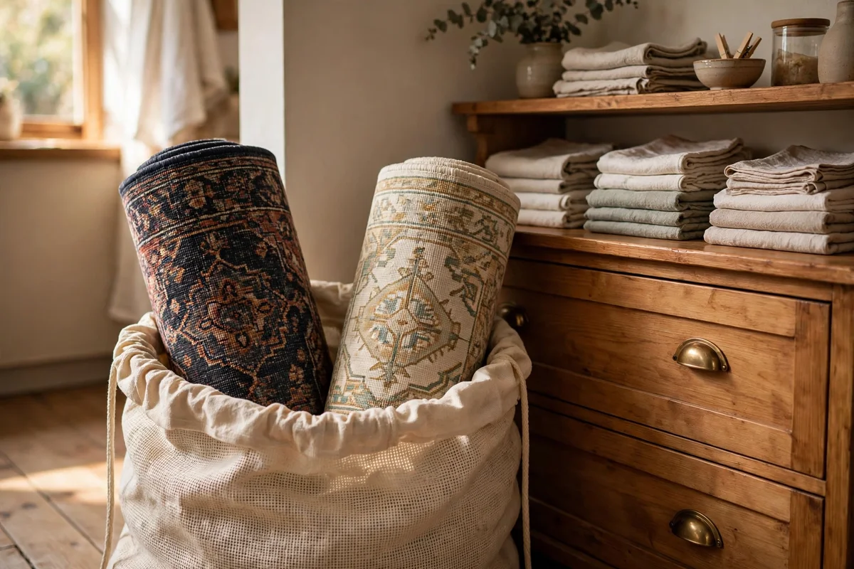 Two rolled runners stored in a cotton bag for seasonal rotation