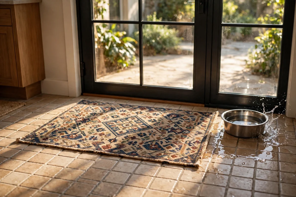 Stain-resistant indoor-outdoor rug by a kitchen back door