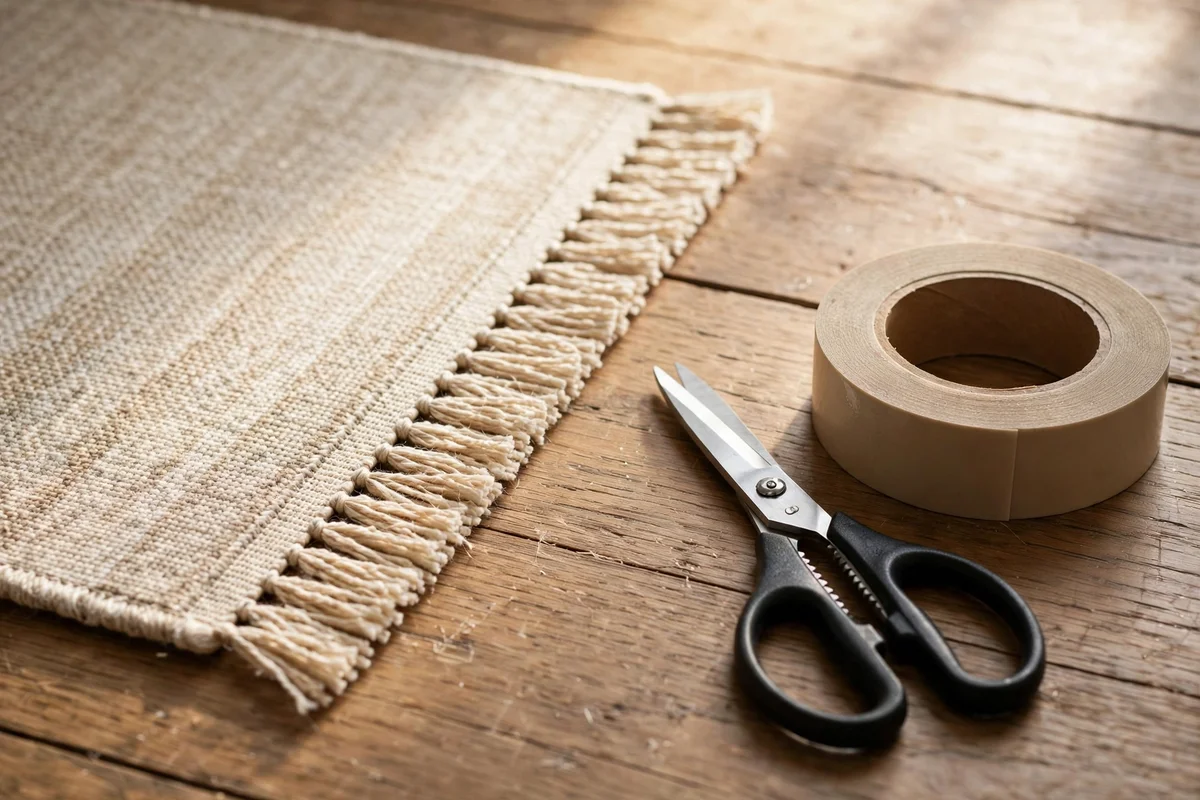 Short trimmed rug fringes beside scissors and rug tape