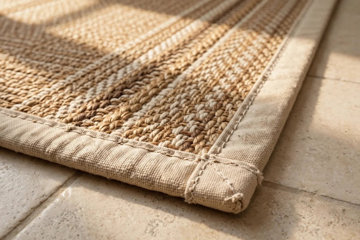 Close-up of a firmly bound and stitched rug edge