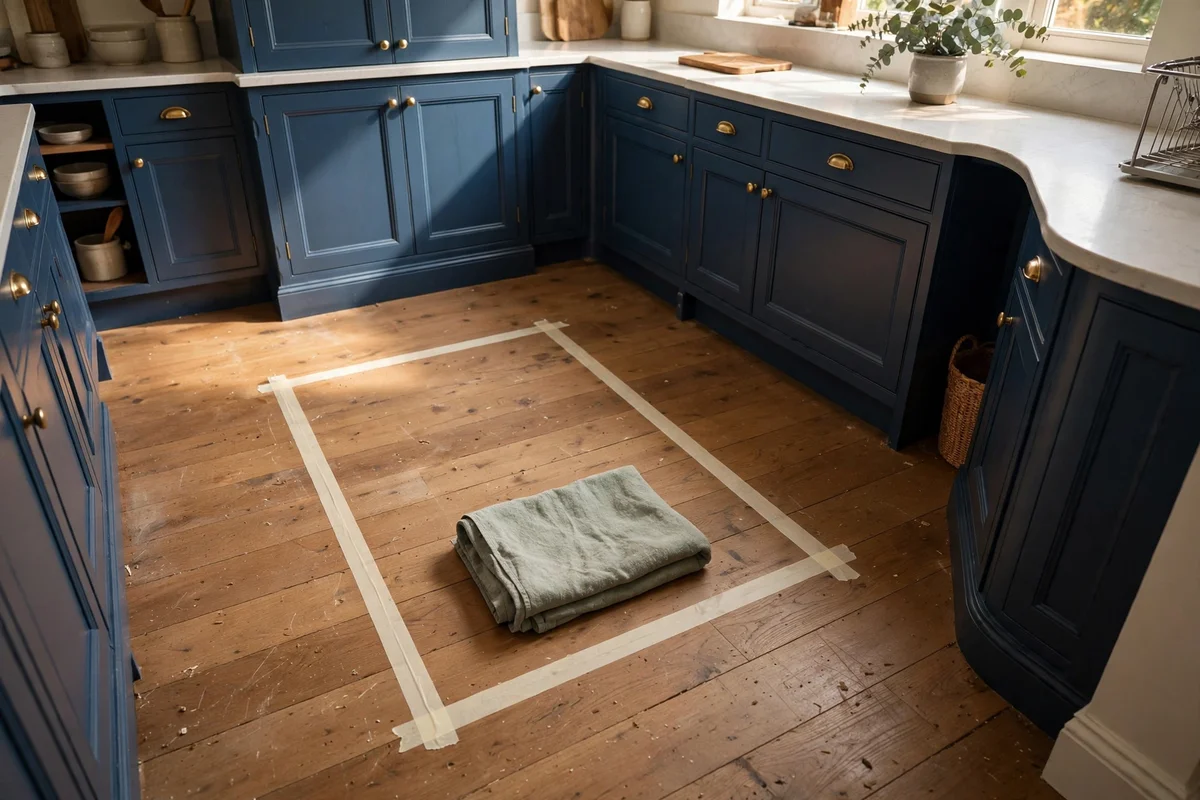 Masking tape outline marking a trial rug placement on a kitchen floor