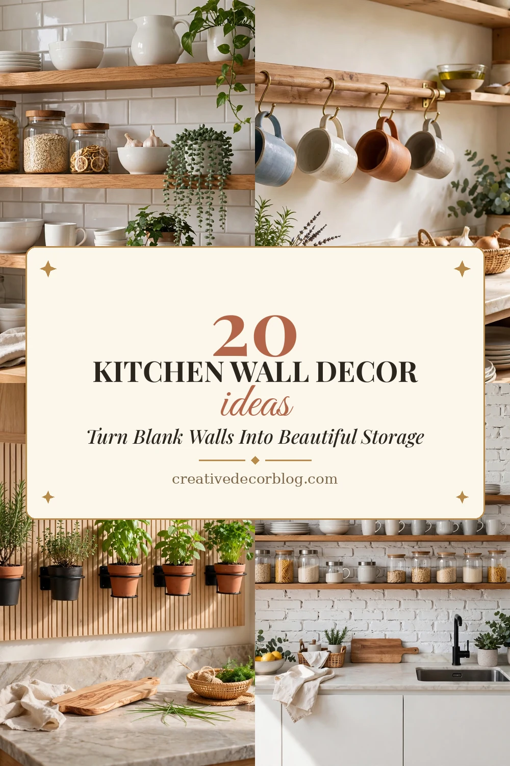 Pinterest pin collage of kitchen wall decor ideas titled 20 Kitchen Wall Decor Ideas That Turn Blank Walls Into Beautiful Storage