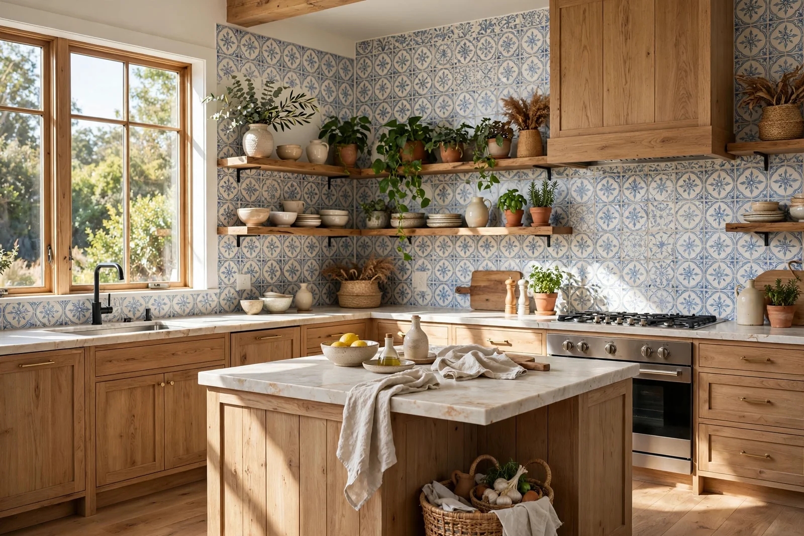 Bright beautiful kitchen with decorated walls and open wooden shelves styled with ceramics and plants in sunlight