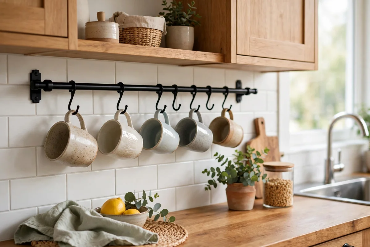 Wall-mounted black metal rail with hanging ceramic mugs and cups in a cozy bright kitchen