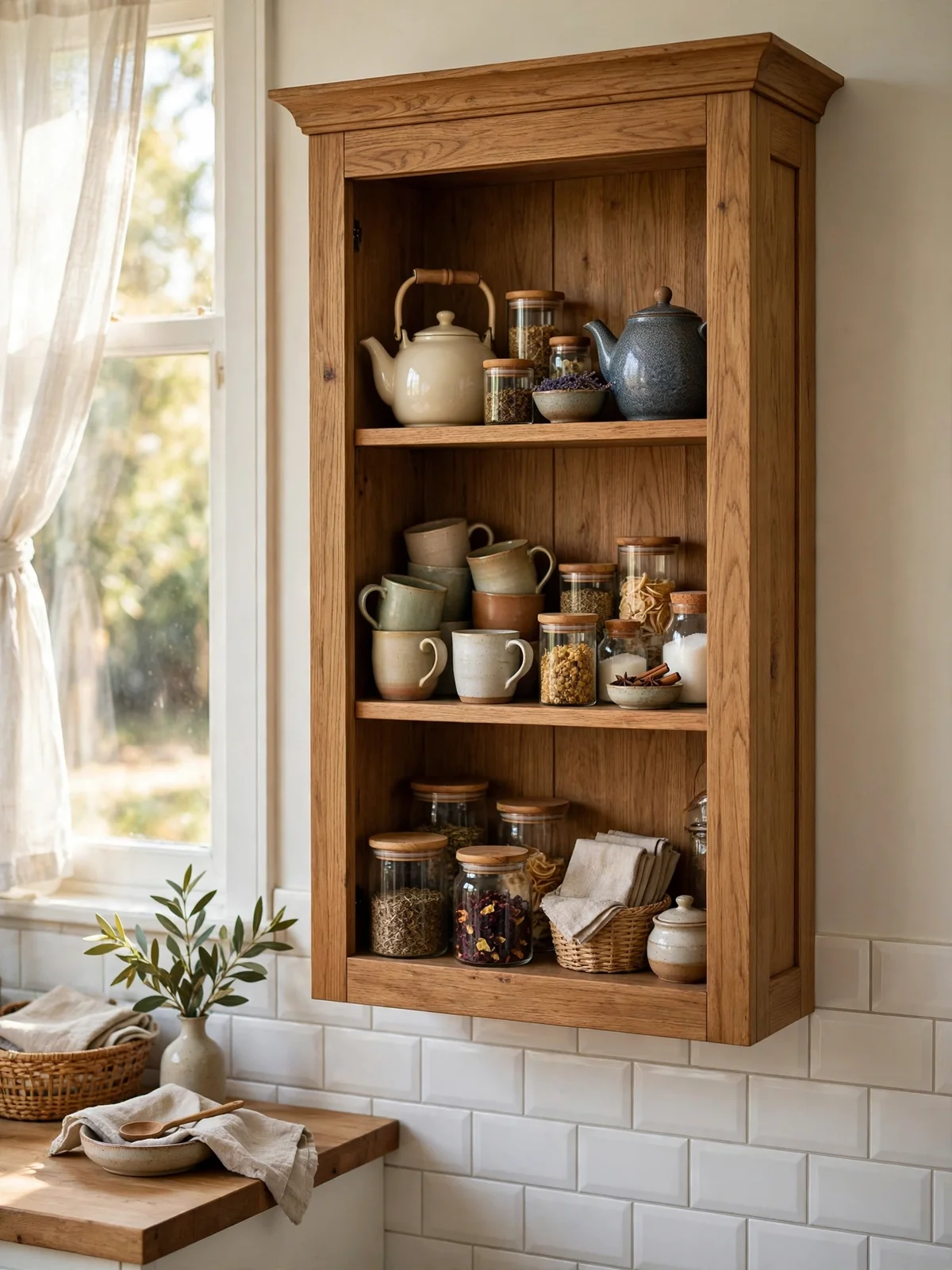 Tall wooden wall cabinet styled as a tea station with teapots, cups and jars on a kitchen wall