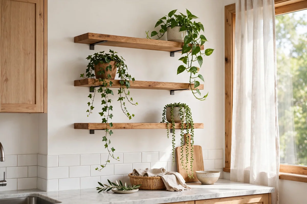 Floating wooden shelves with trailing green plants in pots on a bright kitchen wall