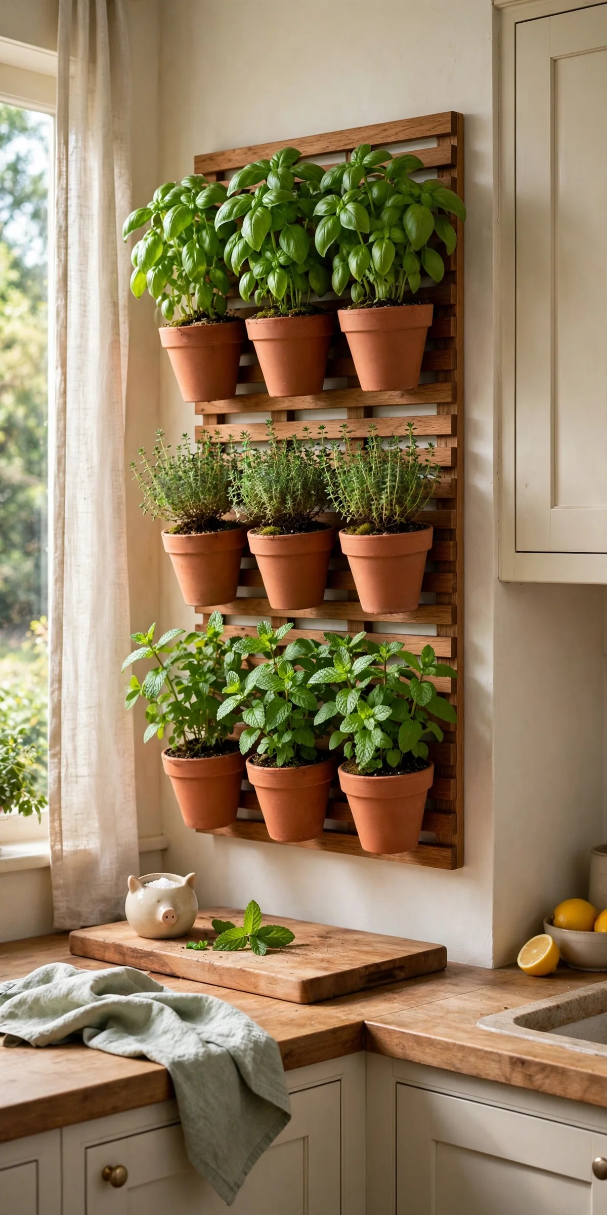 Vertical living herb garden on a kitchen wall with small pots of basil, thyme and mint