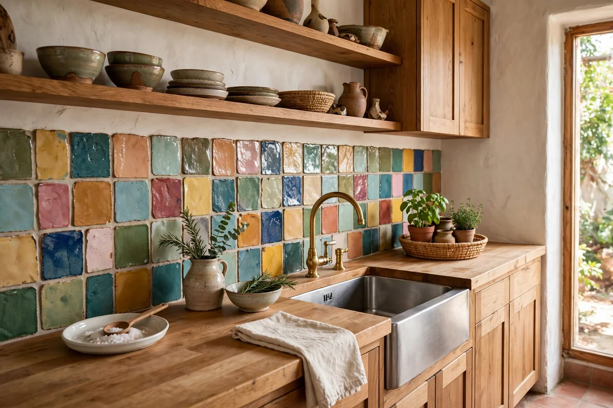 Kitchen wall with handmade-look colorful tile splashback and artisanal feel