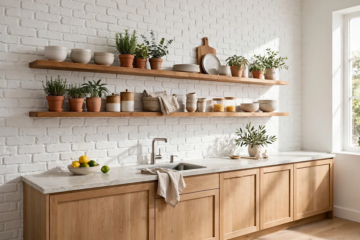 Kitchen with crisp white painted brick wall and wooden open shelves, bright and clean