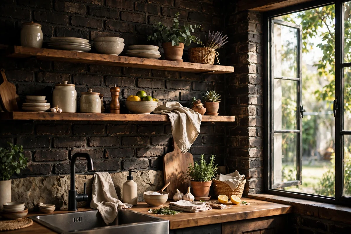 Kitchen wall with dark rustic brick finish and wooden shelves in warm moody light