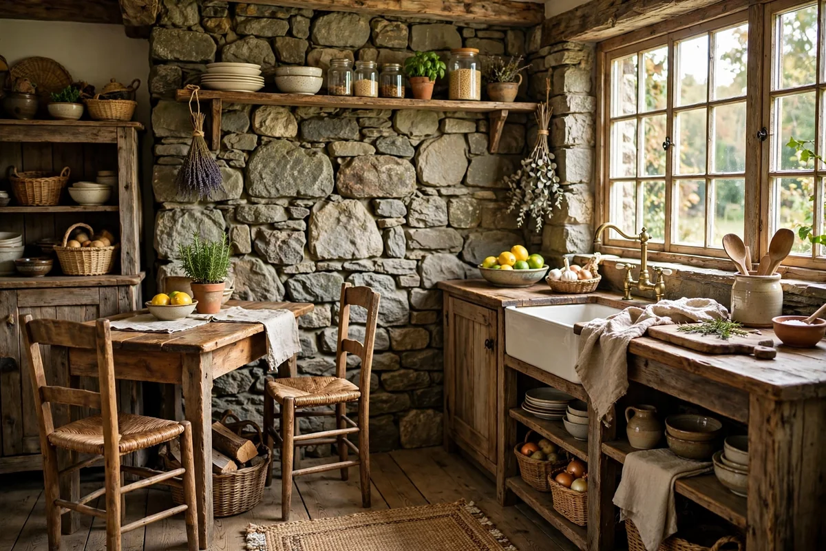 Cottage kitchen wall with natural stone texture and rustic wooden furniture