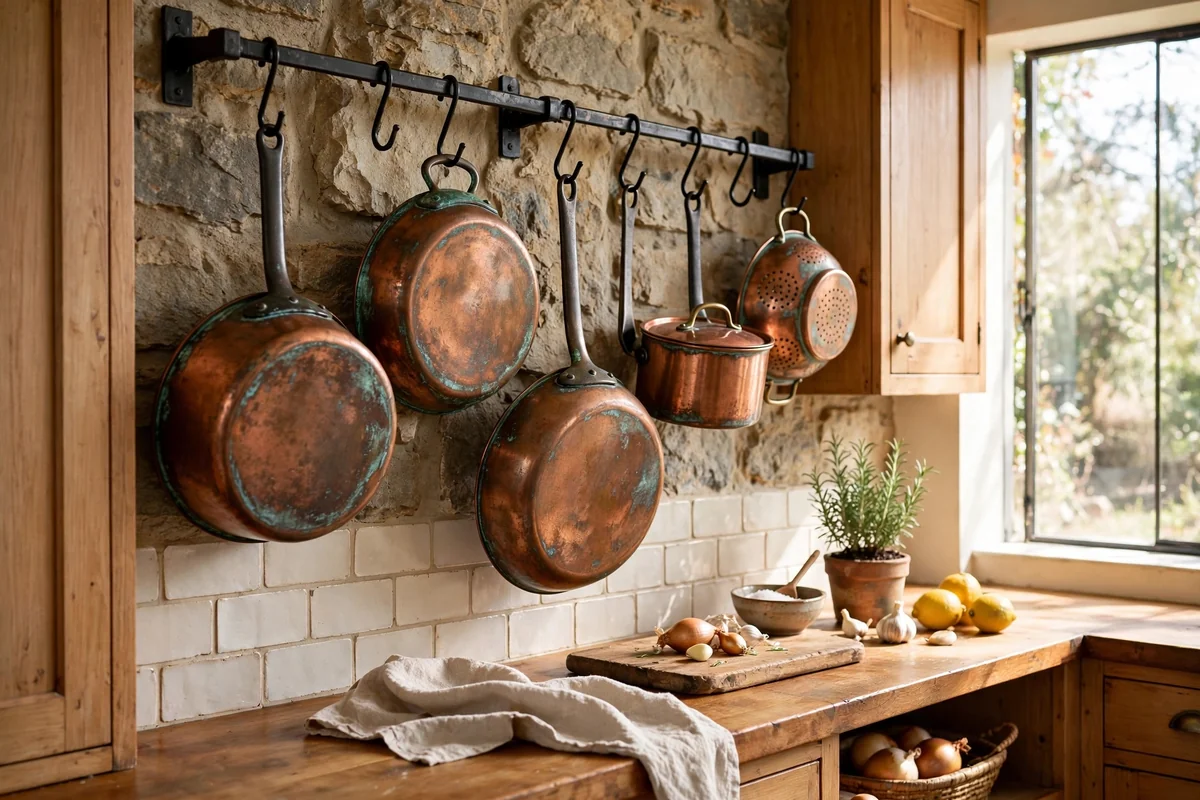 Copper pots and pans displayed on a wall-mounted rail in a warm kitchen with beautiful patina
