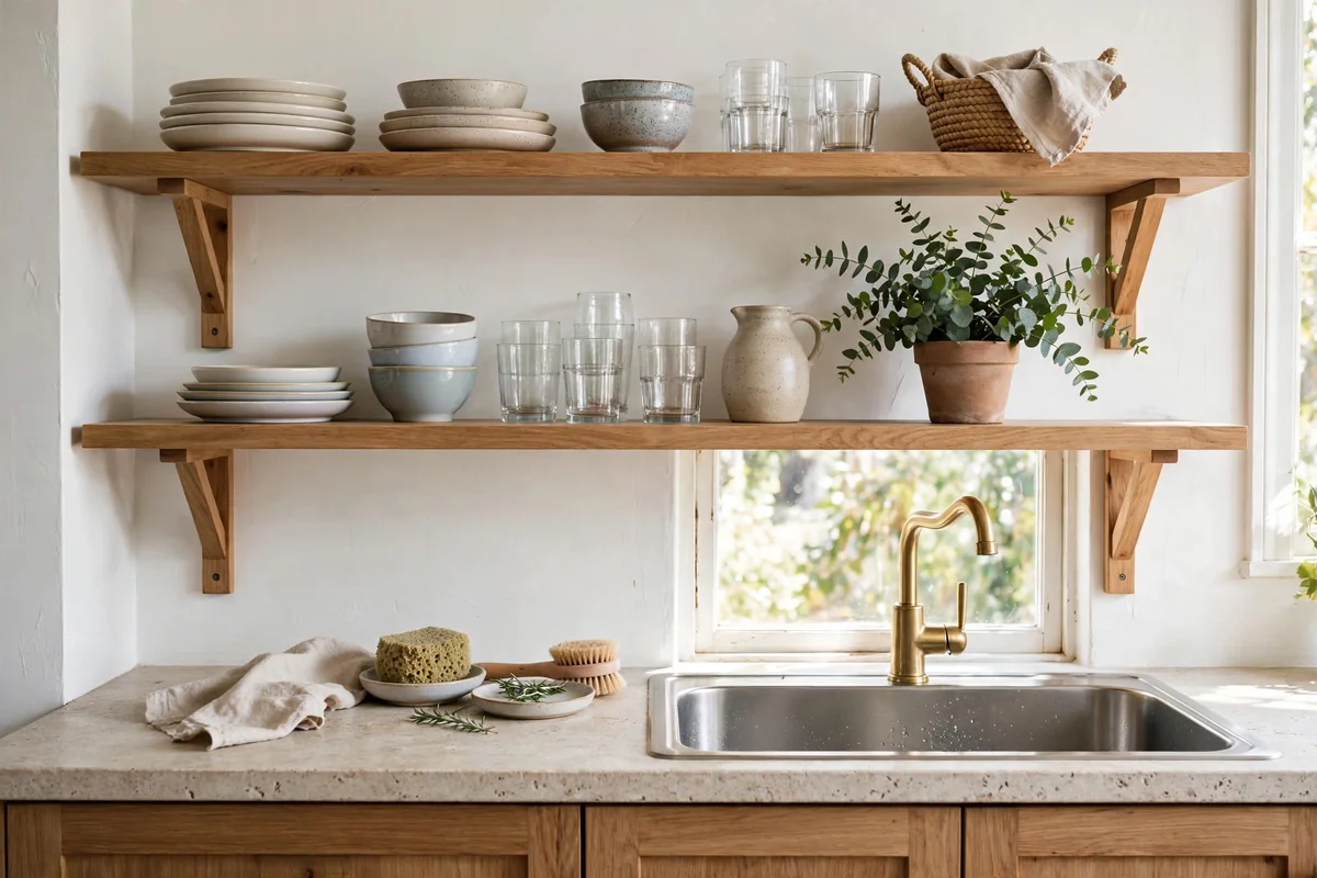 Open wooden shelves above a kitchen sink styled with dishes, glasses and a plant