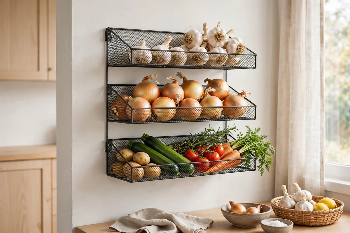 Wall-mounted mesh metal rack holding fresh vegetables and garlic in an organized kitchen