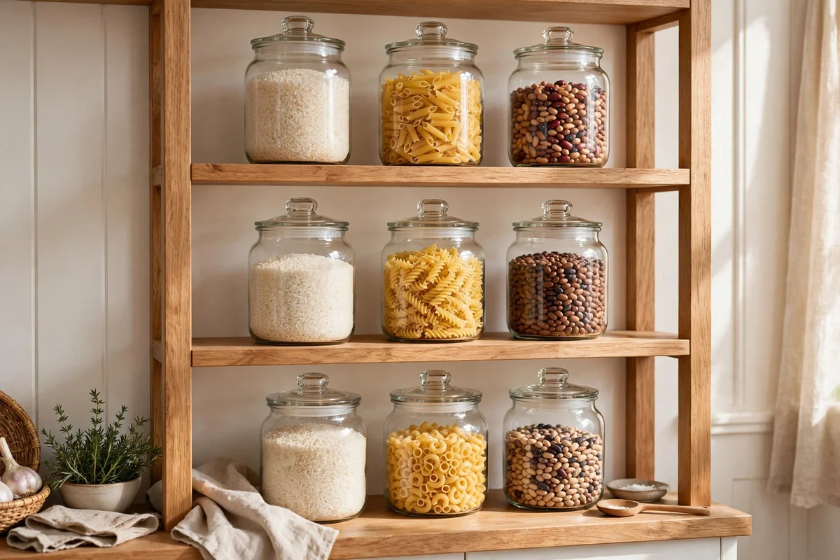Open kitchen shelves with neat glass pantry jars of rice, pasta and beans adding color
