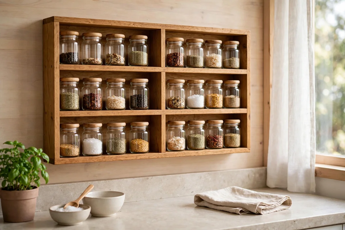 Wooden wall-mounted spice rack with rows of small glass spice jars on an organized kitchen wall