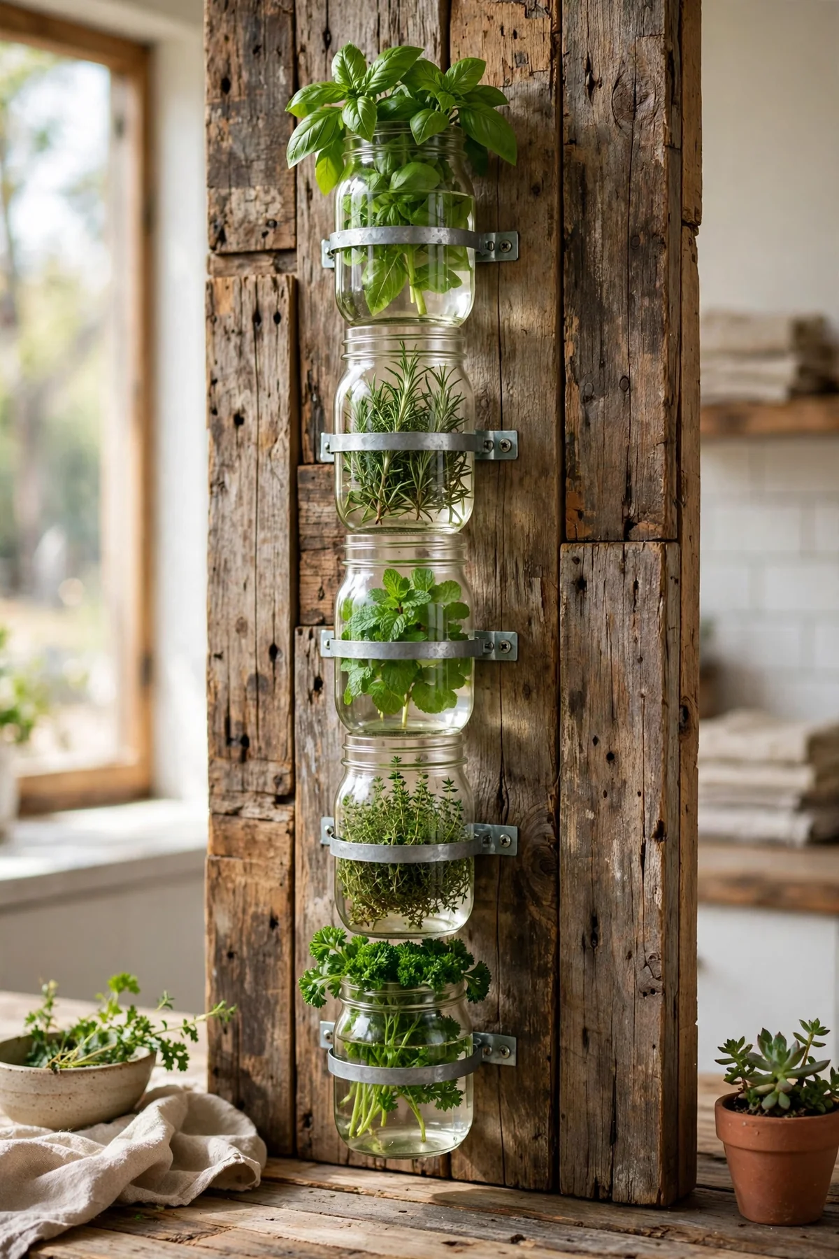 Mason jars with fresh herbs mounted on a wooden wall panel as a vertical kitchen garden