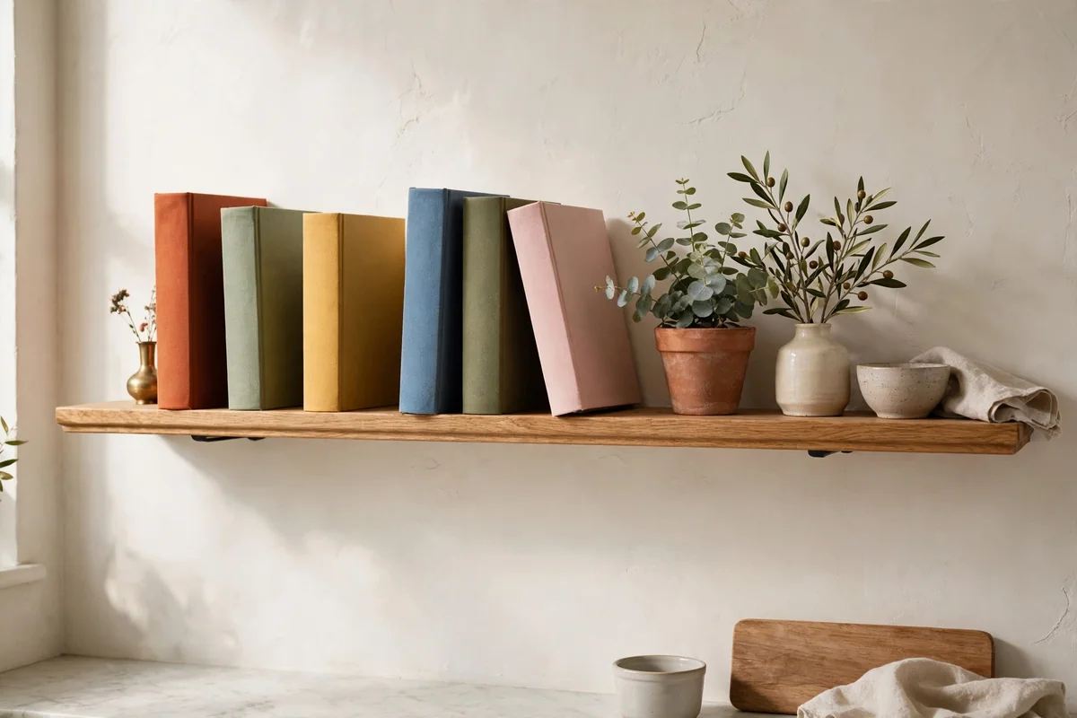 Kitchen wall with a picture ledge shelf displaying colorful cookbooks, styled