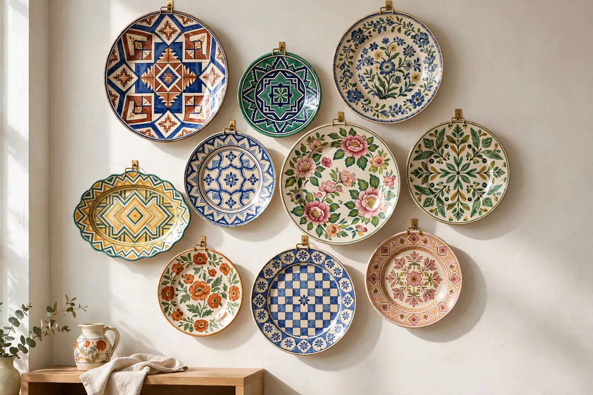 Colorful patterned plates and serveware hanging on a kitchen wall as art