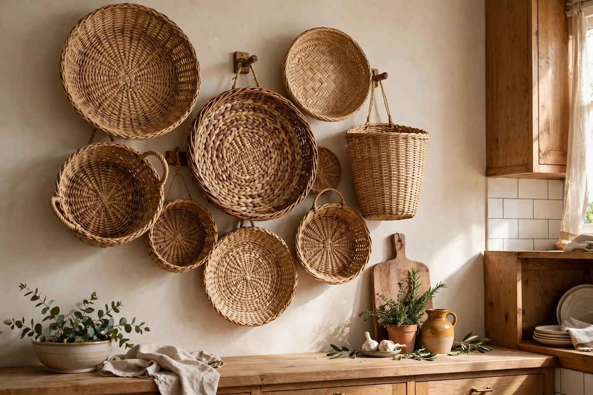 Collection of woven baskets hung on a kitchen wall as decoration, artisanal