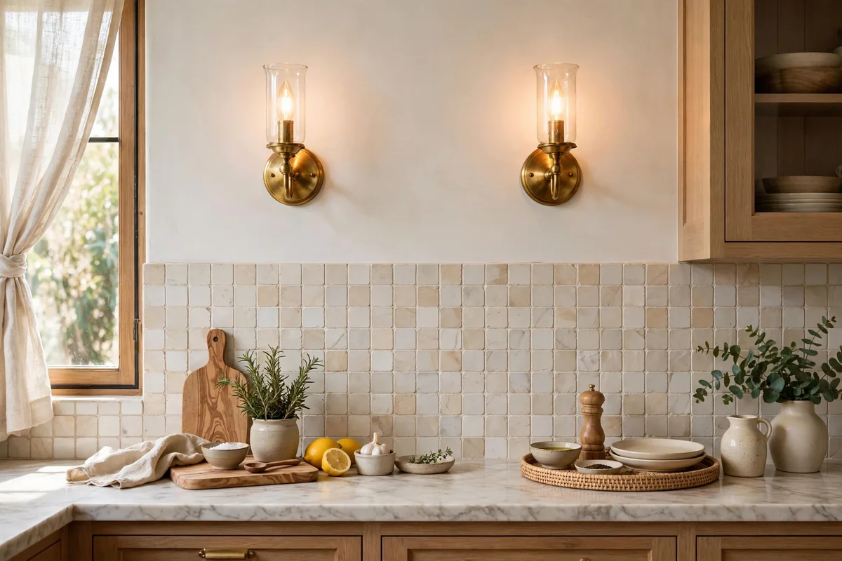 Warm brass wall sconces mounted above a kitchen work zone glowing softly, elegant