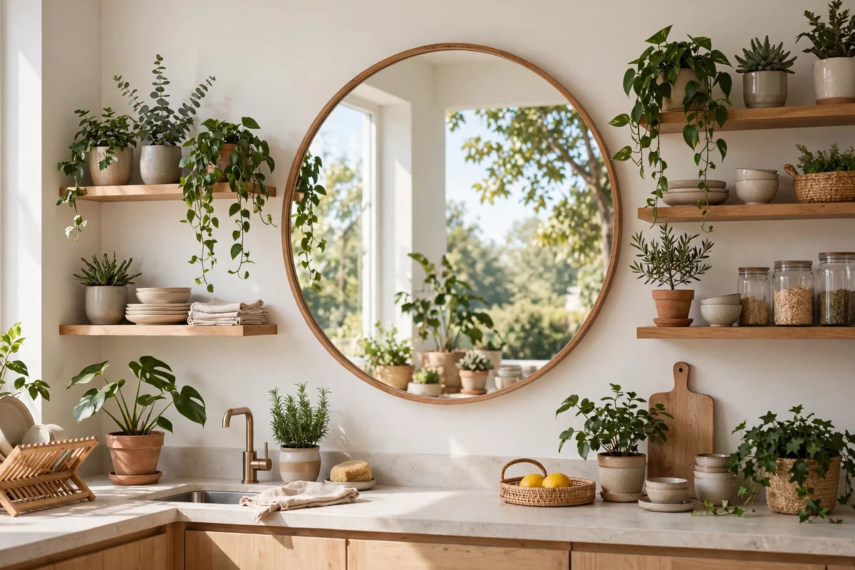 Large mirror mounted on a kitchen wall reflecting light in a bright airy kitchen