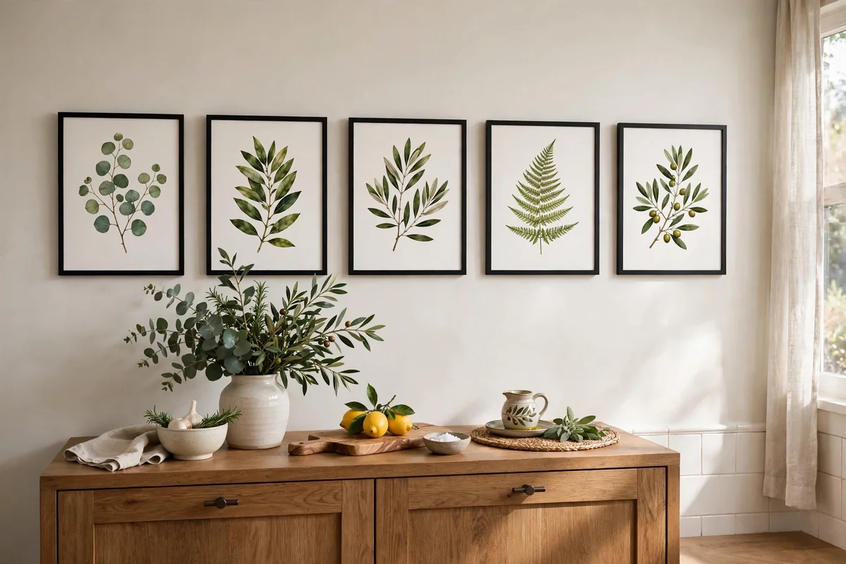 Row of framed botanical prints hung in a neat line on a kitchen wall above a sideboard
