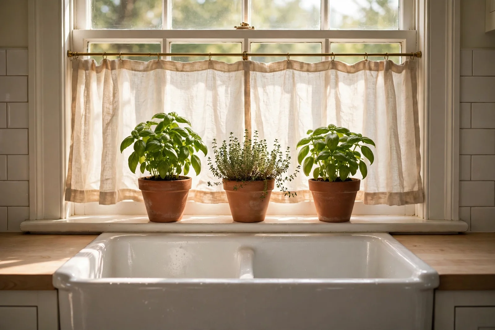 Bright kitchen window above a sink dressed with terracotta herb pots and a linen cafe curtain in warm morning light