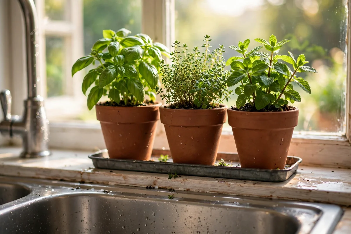 Three terracotta pots of fresh herbs lined along a kitchen sink windowsill in morning light