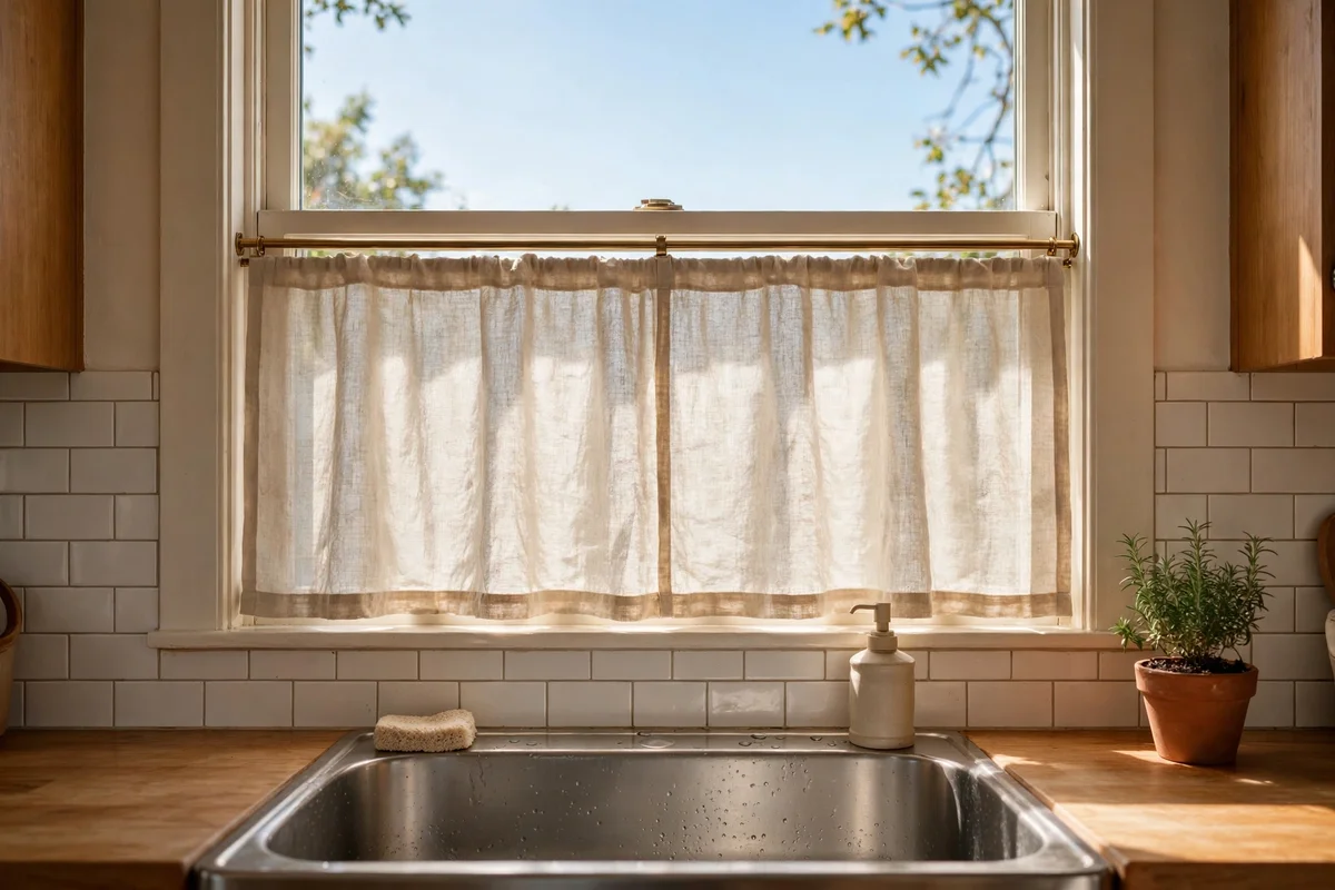 Linen cafe curtain at half height on a kitchen window above the sink, daylight above