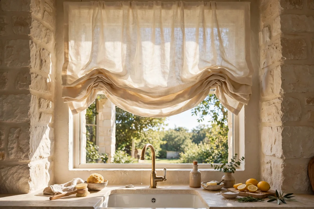 Relaxed linen Roman shade in cream above a kitchen sink window, soft folds