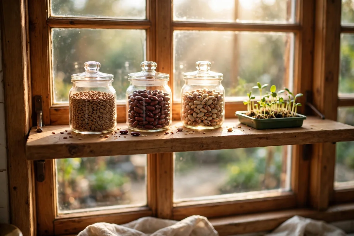 Shallow wooden shelf across a kitchen window holding small glass jars and a sprouting tray