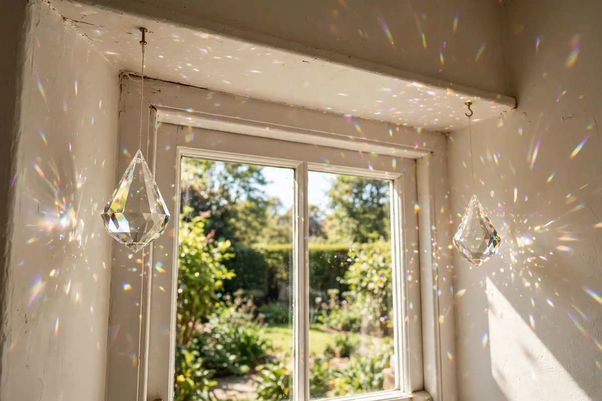 Clear glass suncatchers hanging in the top corners of a bright kitchen window