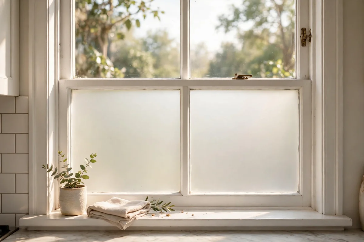 Kitchen window lower panes covered with plain frosted privacy film, light glowing through